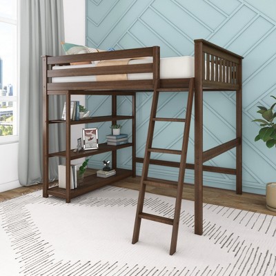 Max & Lily Full Size High Loft Bed with Ladder and Bookcase, Solid Wood Frame, Space Saving, 400 lbs Weight Capacity, Easy Assembly