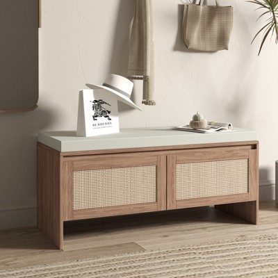 Hrinhom 39.4" W Rattan Storage Bench With Cushion,Shoe Cabinet, Entryway Seat