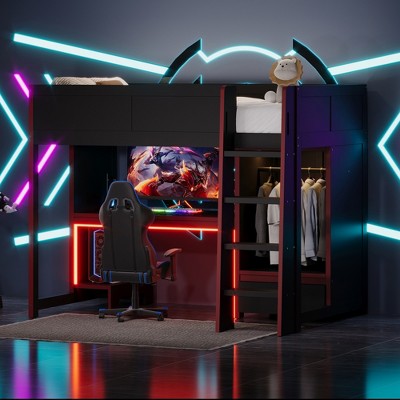 Twin/Full Size Gaming Loft Bed with Built-in Desk, Wardrobe, LED and a Drawer, Pine Wood Bed Frame, Black - ModernLuxe