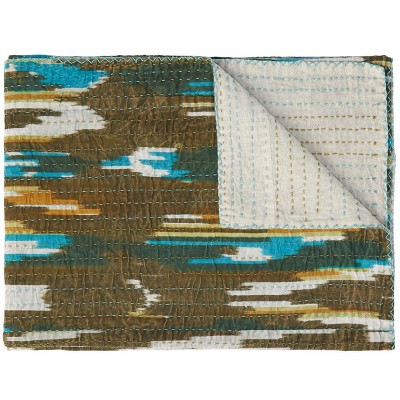 50" X 70" Brown And Blue Ikat Cotton Quilted Kantha Throw Blanket with Embroidery