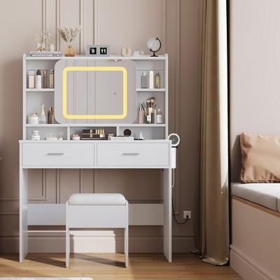 Dressing Table White Glam Vanity Set with Sliding Mirror & Stool, Vanity Desk with Mirror Features 3-Color LED Lights