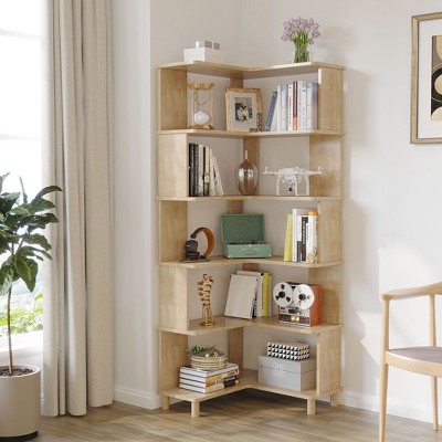 L-shaped Corner Bookshelf, Solid Wood Shelf, 5 Tier Display Shelf, Corner Organizer, For Small Spaces