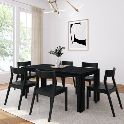 Plank+Beam 72" Modern Solid Wood Dining Table Set, Black Wirebrush, + 6 Chairs