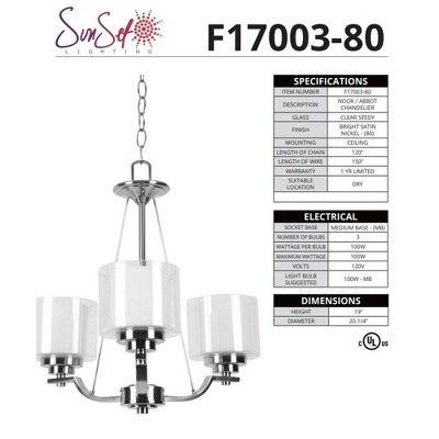 Sunset Lighting Nook 3-Light Chandelier 100W Bright Satin Nickel