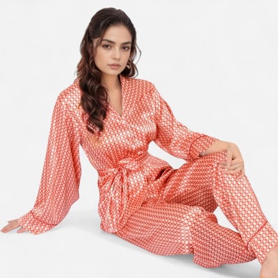 Anna-Kaci Lounge Women's Printed Satin Pajama Set with Long Sleeve Wrap Top Self-Tie Waist and Full-Length Relaxed Fit Lounge Pants