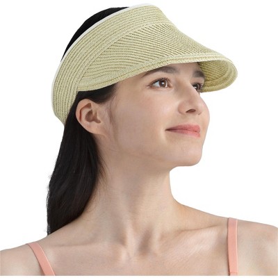 SUN CUBE Womens Straw Visor Hat, Wide Brim Straw Sun Hat Visor, Beach Cap Foldable Roll Up Travel Ponytail Golf Hat