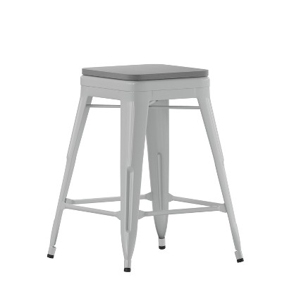 Emma and Oliver Set of Four Backless Metal Stools with All-Weather Poly Resin Seats for Indoor Use Only