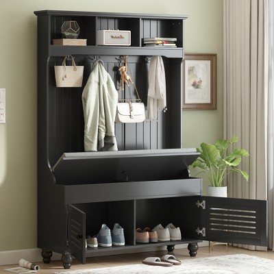 KWPZQEB Hall Tree with Shoe Storage Bench, 5-in-1 Hall Tree with 4 Hooks, Hidden storage space & Shutter-shaped doors, Entryway Bench for Entrance