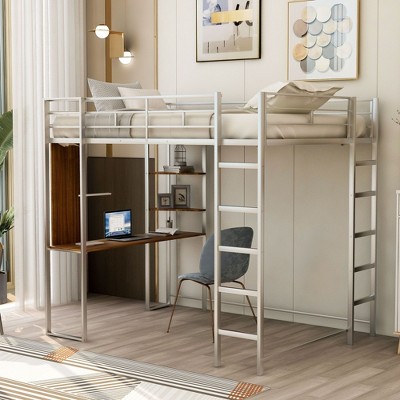 NicBex Full Size Loft Bunk Bed with Desk, Modern Metal Bed Frame with Storage Shelves, Guardrails and 2 Ladders for Bedroom