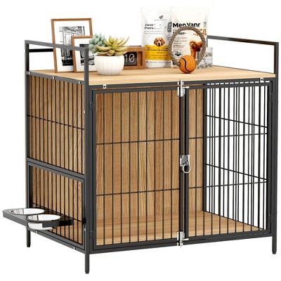 PawHut Dog Crate Furniture, 30 Inch Pet Kennel Furniture End Side Table with Rotatable Bowls, 2 Anti-Escape Doors, Top Storage Shelf, for M Dogs, Oak