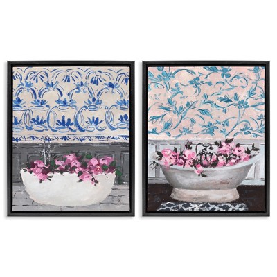 Stupell Industries Flowers In Bath Tub Interior Design Black Framed Floater Canvas Wall Art