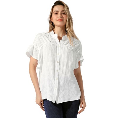 Allegra K Women's Casual Button Up Textured Ruffle Sleeve Blouse