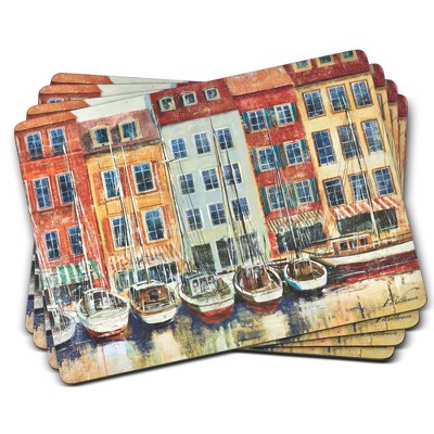 Pimpernel Boat Scene Placemats - Set of 4 Cork-Backed Dining Table Mats Featuring Serene Waterside Artwork with Protective Finish