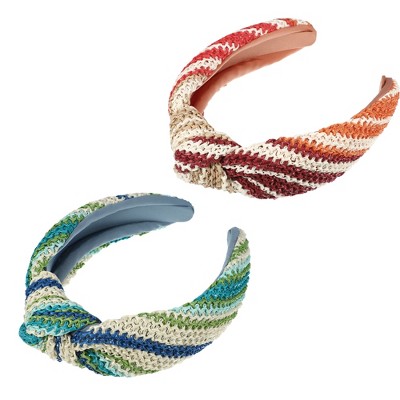 Unique Bargains Women's Bohemian Style Knotted Straw Rattan Sponge Headband Green Orange 2 Pcs