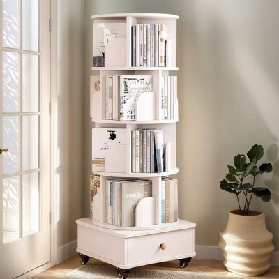YONWAY 5 Tier Rotating Bookshelf Tower, 360°Display Corner Bookshelf, Bookcase Storage Rack with Wheels, Wood Narrow Organizer for Small Space