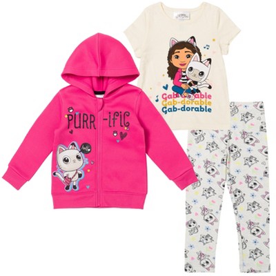 Gabby's Dollhouse Fleece Zip Up Hoodie T-Shirt Leggings 3 Piece Outfit Set Little Kid to Big Kid