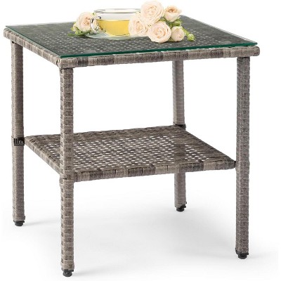 VINGLI Outdoor Wicker Side Table Patio Side Tables for Outside, Tempered Glass Top Wicker Table with Storage End Table for Patio Balcony Porch Deck