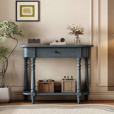 MOEPISY Narrow Console Table with Curved Corner, Retro Entryway Table with Top Drawer and Open Shelf, Navy