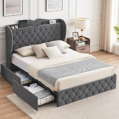 King Upholstered Bed Frame with Storage Headboard & Charging Station, 4-Drawer Platform Base, No Box Spring Needed