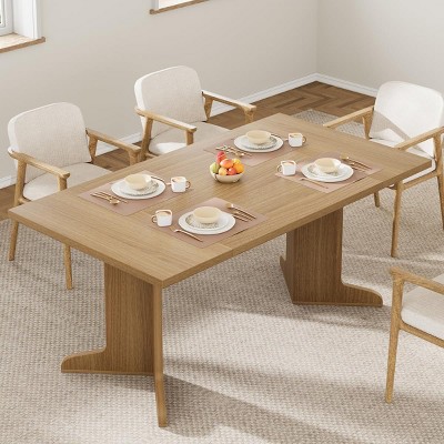Farmhouse Style Large Wooden Dining Table for 6-8, Rectangular Kitchen Table with Cushioned Top and Distinctive V-Shaped Legs