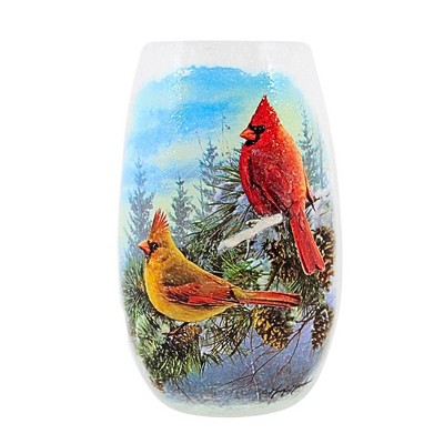 Stony Creek 5.25 In Winters Cardinals Pre-Lit Small Vase Christmas Lighted Glass Accent , Christmas Decor Chair Feeder Branch (1PC)