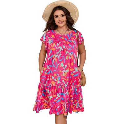 Womens Plus Size Crew Neck Ruffle Sleeve Flower Print Casual Midi T shirt Dresses with Pockets