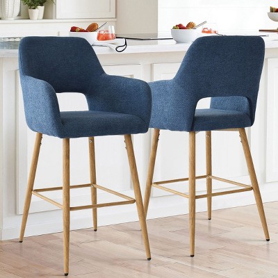 Counter Height Bar Stools Set of 2 with Back and Armrest, Linen Fabric Upholstered Accent Barstools-Maison Boucle