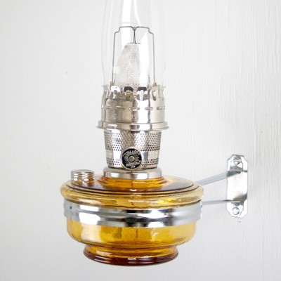 Aladdin Wall Mount Oil Lamp, Genie III Regency Fuel Lighting for Homesteaders or Emergencies, Amber Glass, 18 inches tall, Nickel Trim