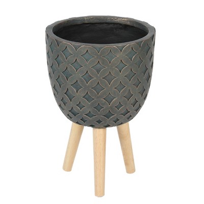 LuxenHome Butterfly Embossed Brown 14.7" Round MgO Planter with Wood Legs