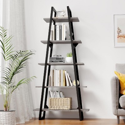 5-Shelf Trapezoidal Bookshelf,Vertical Display Shelf with Metal Supports,Open Rustic Bookshelf,Living Room,Office,Kitchen