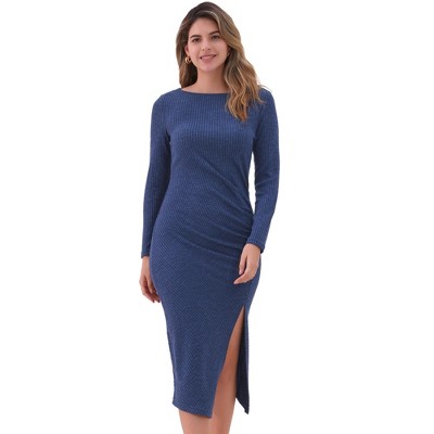 INSPIRE CHIC Women's Fall Casual Long Sleeve Round Neck Ruched Slit Fitted Midi Dress