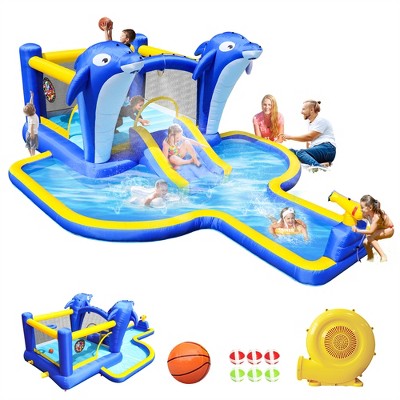 ELJGET 8 in1 Inflatable Slide Water Park Trampoline Bouncing House, Outdoor Garden with Dolphin Sprinkler & Target Games & Water Gun & Basketball