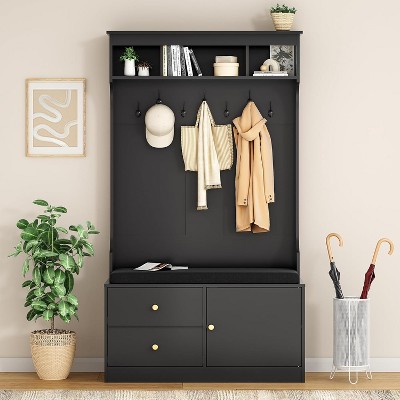 SEVOBAL Freestanding Coat Racks Hall Tree with Storage Bench and Storage, Entryway Organizer with 7 Hooks for Farm Lovers, Black, 70.9"*40.1"*19.7"