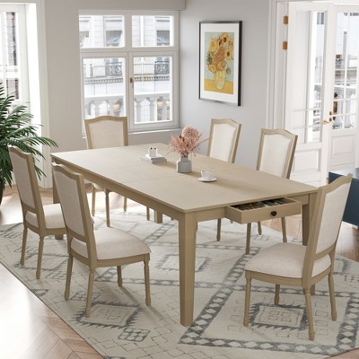 7 Piece Extendable Dining Table Set Dining Set with Removable Leaf, 2 Drawers and 6 Upholstered Dining Chairs, Rustic, Natural/Gray+White-ModernLuxe
