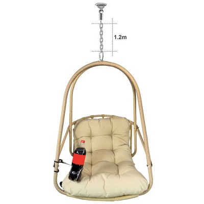 NAYSAYE Patio Swing Wicker Egg Chair with Stand, Cushion and Cup Holder for Backyard and Garden Relaxation, Beige and Brown, 38"*38"*78"