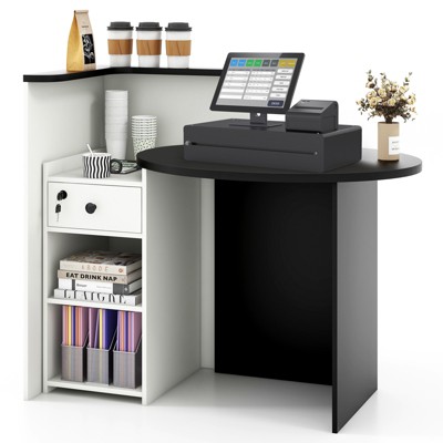 Costway Front Reception Counter Desk Checkout Office Desk with Open Shelf & Lockable Drawer White/Brown/Black