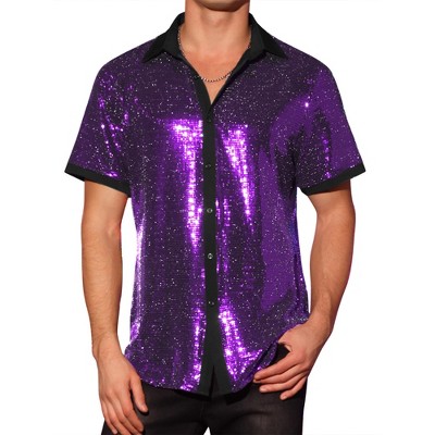 Lars Amadeus Men's Contrasting Color Short Sleeves Disco Party Sparkly Sequins Shirt