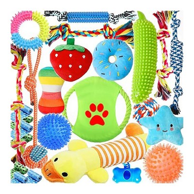 Itopfox Dog Toys 25 Pack for Fun and Teeth Cleaning, Puppy Chew Toys with Squeak Plush Toy, Squeaky Toy Balls, Tug of War and Rope Toys for Puppy