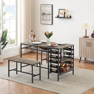 Jojoka Dining Table Set for 4, Kitchen Table Set for 4 with 2 Benches, Rectangular Dining Room Table Set with Wine Rack for Small Space Apartment