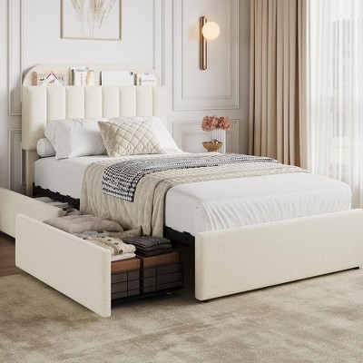 Coolmee Twin/Full/Queen Size Bed Frame with Storage Headboard, Girls Bed Frame with 2 Drawers, Boucle Upholstered Platform Bed with Bookcase