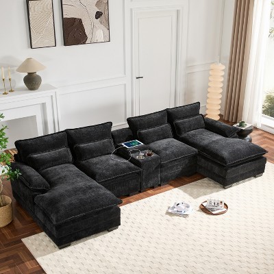 123"W U-Shaped Sectional Sofa with Console, Cup Holders & USB Charger, 6-Seat Chenille Cloud Couch - ModernLuxe