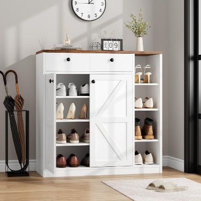 42" Tall Shoe Storage Cabinet with Doors and Drawers, Modern 4-Tier Shoe Organizer, 3 Adjustable Shelves, Entryway Shoe Rack Cabinet, White