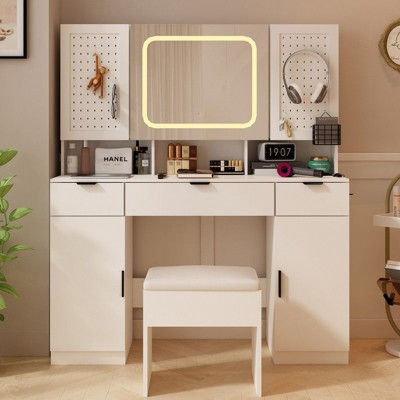 Karl Home Large Makeup Vanity Set with LED Mirror Cabinet, USB & Power Outlet,3 Drawers and 5 Doors