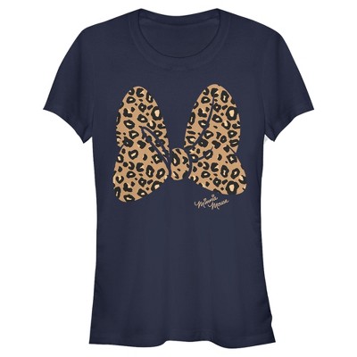 Juniors Womens Mickey & Friends Mickey & Minnie Mouse Cheetah Print Bow Signature T-Shirt