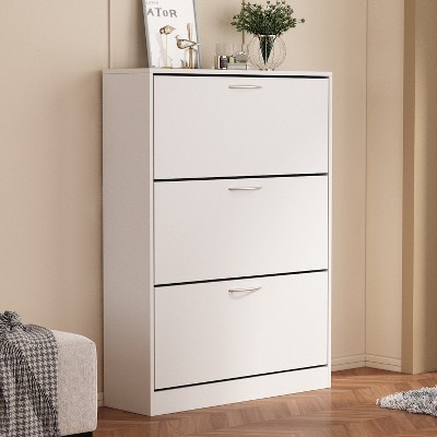 Famapy White Modern Shoe Cabinet with 3 Flip Out Drawers Shoe Storage