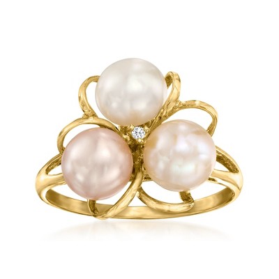Ross-Simons 6.5mm Multicolored Cultured Pearl Flower Ring With Single Diamond in 18kt Gold Over Sterling