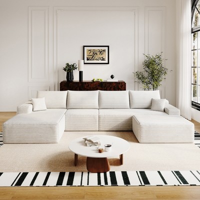 135" Cloud Plush Corduroy Modular U-Shaped Sectional Sofa with Left Chaise and Ottoman, Floor Design, No Assembly