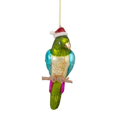Northlight 6.25" Green and Blue Parrot in a Santa Hat Glass Christmas Ornament