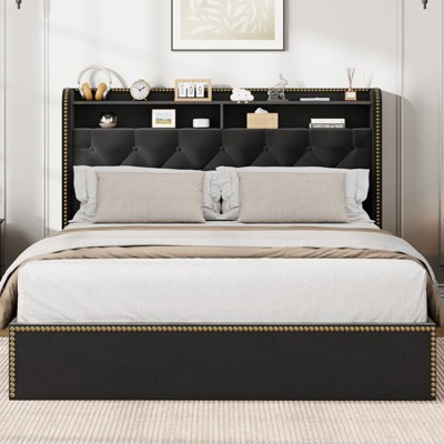 Velvet Bed Frame with 4 Storage Drawers, Upholstered Full Platform with Tufted Headboard and Nailhead Trim Design