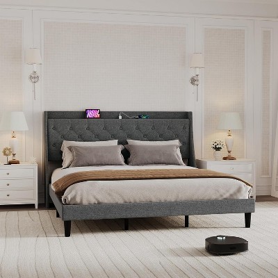 King Upholstered Bed Frame with Storage Shelf & Charging Station, Tufted Headboard, Wood Slats Support, No-Noise, Dark Gray